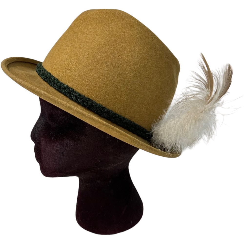 KELLER LODEN Vintage Hat Feather Black Rope Detail Fedora Tan Beige Germ…